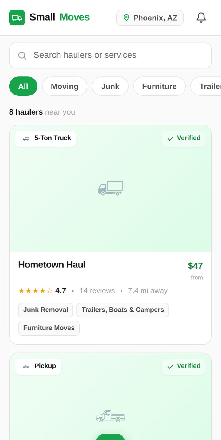 SmallMoves app browse screen